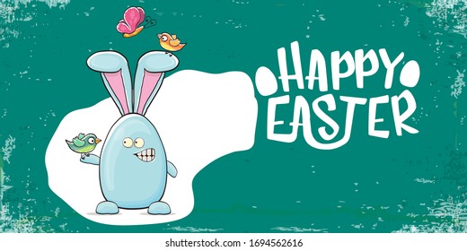 Happy easter horizontal banner with funny cartoon smiling blue bunny holding birds on hands. Easter hand drawn greeting card or poster with funky rabbit.
