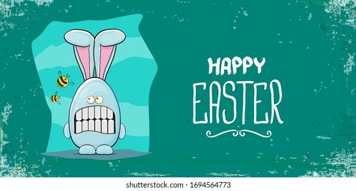 Happy easter horizontal banner with funny cartoon smiling blue easter bunny. Easter hand drawn greeting card or poster with funky rabbit.