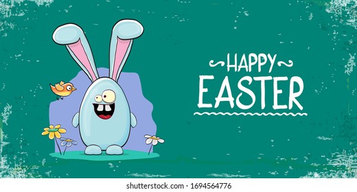 Happy easter horizontal banner with funny cartoon smiling blue easter bunny. Easter hand drawn greeting card or poster with funky rabbit.