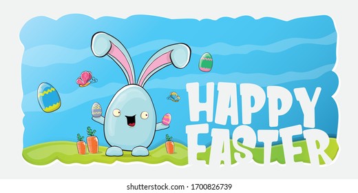 Happy easter horizontal banner with funny cartoon smiling blue bunny holding colorful easter eggs. Easter hand drawn greeting card or poster with funky rabbit.
