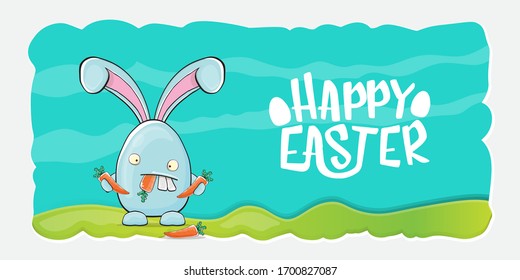 Happy easter horizontal banner with funny cartoon smiling blue bunny holding carrot. Easter hand drawn greeting card or poster with funky rabbit.