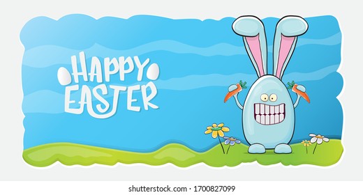 Happy easter horizontal banner with funny cartoon smiling blue bunny holding carrot. Easter hand drawn greeting card or poster with funky rabbit.