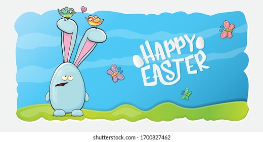Happy easter horizontal banner with funny cartoon smiling blue bunny. Easter hand drawn greeting card or poster with funky rabbit.