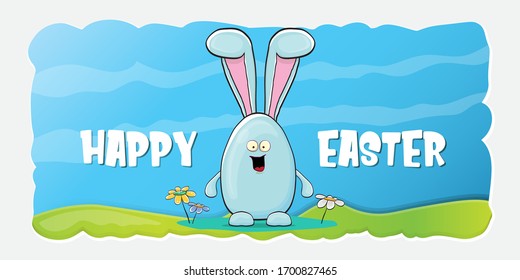 Happy easter horizontal banner with funny cartoon smiling blue bunny. Easter hand drawn greeting card or poster with funky rabbit.