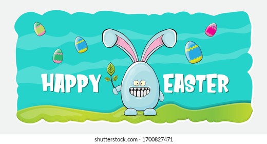 Happy easter horizontal banner with funny cartoon smiling blue bunny. Easter hand drawn greeting card or poster with funky rabbit.