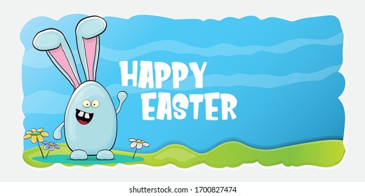 Happy easter horizontal banner with funny cartoon smiling blue bunny. Easter hand drawn greeting card or poster with funky rabbit.