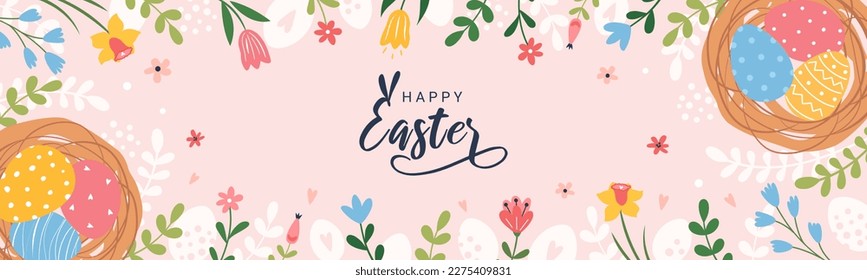 Happy Easter. Horizontal banner, greeting card, poster, holiday cover. Modern beautiful design with typography, flowers, easter eggs, branches. Vector festive banner.