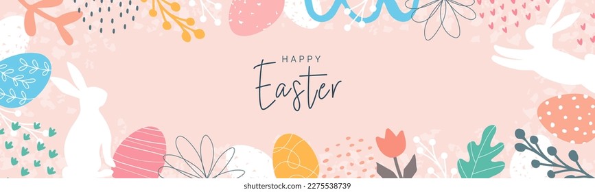 Happy Easter. Horizontal banner, greeting card, poster, holiday cover. Modern abstract design with typography, doodles, eggs and bunny, organic nature shapes. Trendy minimalist style.