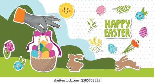 Happy Easter horizontal banner with halftone hand, basket with eggs,rabbits, twig and flowers. Collage elements set with cut out shapes. Greeting card with festive stickers. Vector flat  illustration.