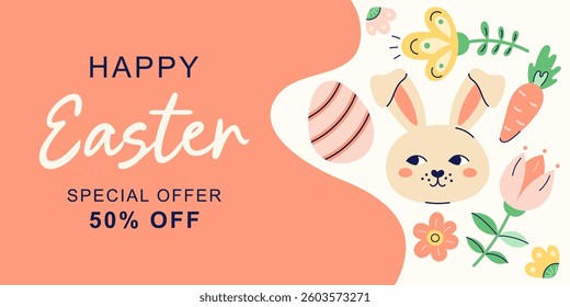 Happy Easter horizontal banner with hare on beige and orange background. Design with text for discount. Happy Easter hand drawn card. Flat illustration with partial outline. Vector illustration.