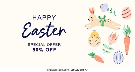 Happy Easter horizontal banner with hares, chicken and flowers around the edge on beige background. Design with text for discount. Happy Easter hand drawn card. Flat illustration with partial outline