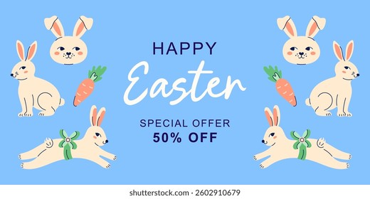 Happy Easter horizontal banner with hares and carrots on blue background. Design with text for discount. Happy Easter hand drawn card. Flat illustration with partial outline. Vector illustration.