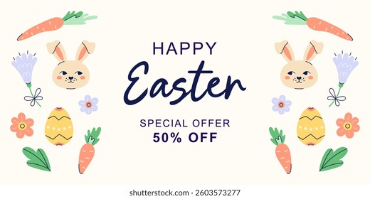 Happy Easter horizontal banner with hares, carrot and flowers on left and right edge on beige background. Design with text for discount. Happy Easter hand drawn card. Flat illustration with partial