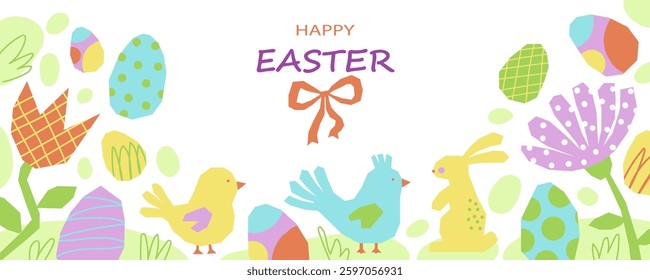 Happy Easter horizontal banner on white background. Cut out chickens, bunny, flowers and Easter eggs. Greeting card, poster, holiday cover, ads, print. Vector illustration in minimalist style.