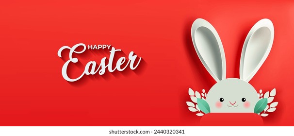 Happy Easter horizontal banner with a paper-cut Easter bunny on a red background. Trendy Easter design with bunny ears. Modern minimal style. Paschal greeting card with cute bunny head. Festive Easter