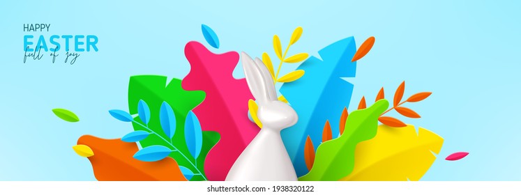 Happy Easter horizontal banner. Porcelain rabbit with color paper decorative leaves on blue background. Vector illustration with 3d decorative objects.