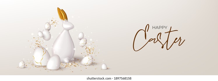 Happy Easter horizontal banner template. Festive background with porcelain rabbit with gold ears, white eggs and golden confetti. Vector illustration with 3d decorative object. Greeting card.