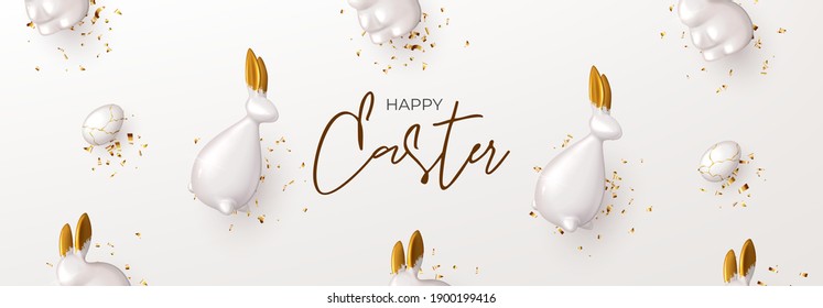 Happy Easter horizontal banner template. Festive background with porcelain rabbits and bunnies with gold ears, eggs, golden confetti. Vector illustration with 3d decorative object. Greeting card.