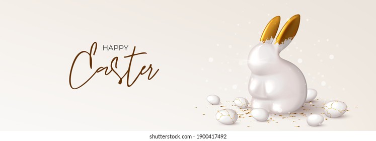 Happy Easter horizontal banner template. Festive background with porcelain bunny with gold ears, white eggs and golden confetti. Vector illustration with 3d decorative object. Greeting card.