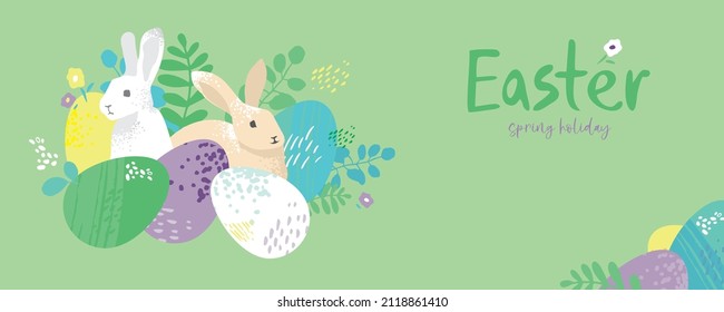 Happy easter horizontal banner template. Traditional holiday rabbits with big heart, eggs, floral elements, flowers isolated on blue. Abstract modern spring poster. Flat cartoon vector illustration.