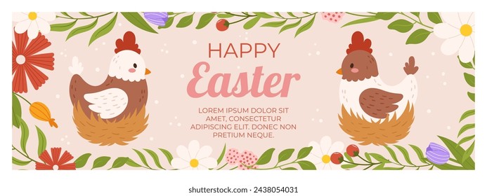 Plantilla de banner horizontal de Pascua feliz. Diseño con dos pollos en nido, flores y hojas alrededor