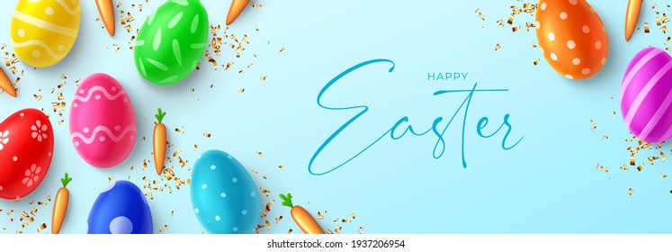 Happy Easter horizontal banner. Top view on color eggs with Easter decoration, carrots and golden confetti. Vector illustration with 3d decorative objects.