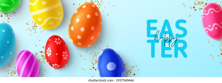 Happy Easter horizontal banner. Top view on color eggs with Easter decoration and golden confetti. Vector illustration with 3d decorative objects.