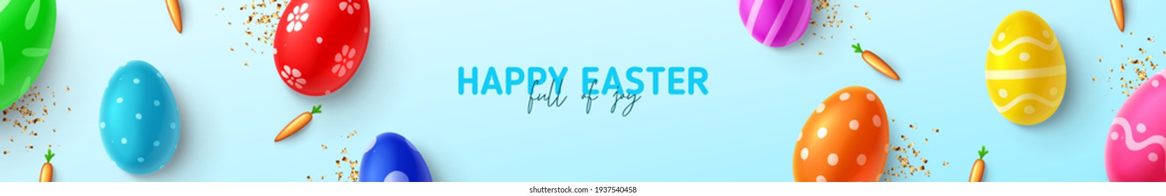 Banner horizontal de Happy Easter. Vista superior de los huevos de color con decoración de Pascua, zanahorias y confeti dorado. Ilustración vectorial con objetos decorativos 3d.
