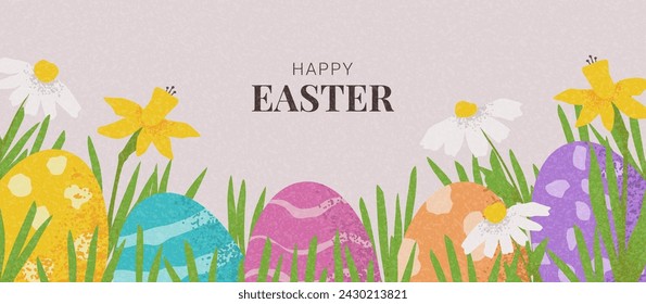 Happy Easter horizontales Banner. Trendige Ostervektor-Illustration mit handgezeichneten Eiern, Blumen und Gras. Kreatives Banner für Design von Party, Flyer, Feier, Anzeige, Branding, Cover, Karte, Verkauf.