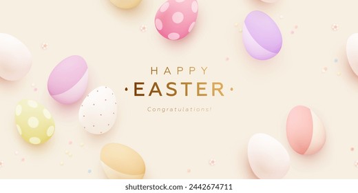 Pancarta horizontal de Pascua feliz, papel pintado o tarjeta de felicitación con huevos 3d de dibujos animados sobre fondo beige. Ilustración de vector