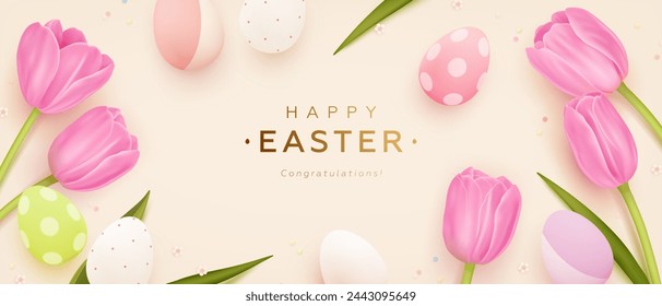 Pancarta horizontal de Pascua feliz, papel pintado o tarjeta de felicitación con huevos 3d de dibujos animados y tulipanes rosas sobre fondo beige. Ilustración de vector