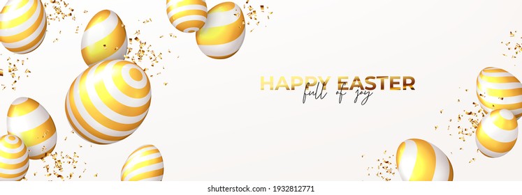 Happy Easter horizontal banner. White eggs with golden stripes and golden confetti. Vector illustration with 3d decorative objects. Greeting banner.