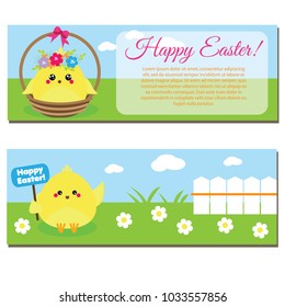 Happy Easter horizontal banners with cute cartoon chickens. Seasonal design templates