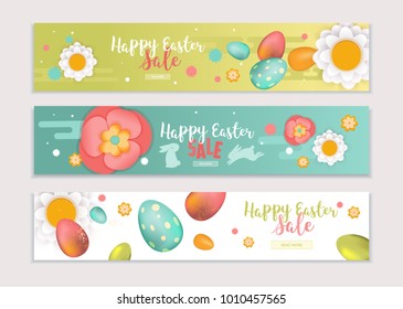 Happy Easter Horizontal Banners Set. Vector Illustration. Holiday Brochure Design, Greeting Cards, Easter Creative Concept, Gift Voucher, Invitation. Easter Eggs, Bunnys and Flowers