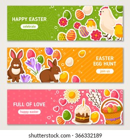 Happy Easter Horizontal Banners Set With Flat Sticker Icons. Vector Illustration. 