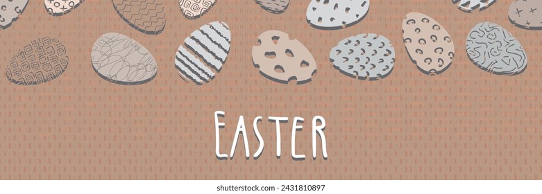 Happy Easter horizontal brown banner. A trendy Easter design with lettering, hand-drawn strokes and eggs in classic pastel colors. Modern minimalist style. Horizontal poster, greeting card.