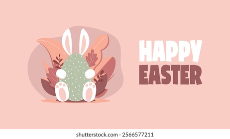 Happy Easter horizontal card - cute bunny and egg.Cute easter bunnies design, great for textiles, banners, wallpapers, wrapping-vector design