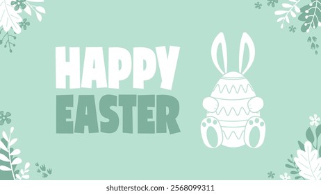 Happy Easter horizontal card - cute bunny and egg.Cute easter rabbit design, great for textiles, banners, wallpapers, wrapping-green background