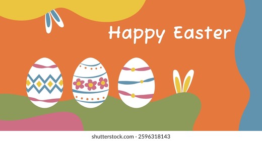 Happy Easter. Horizontal eggs colorful illustrations on orange background. Vector design elements in blue, red, green and white colors. Religious Easter card in flat hand-drawn style.