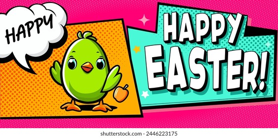 Happy Easter horizontal flyer, banner, header for website in pop art style. Festive Easter vector poster in comics style. Horizontal Paschal poster. Trendy Easter design. Bubble with Happy Easter word