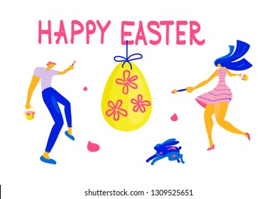 Happy Easter Horizontal greeting banner. Easter event, festival and fair flyer with young woman, man and rabbit on a white background. Flat Art Vector illustration