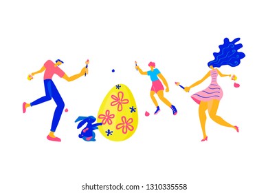 Happy Easter Horizontal greeting banner. Easter event, festival and fair flyer with happy family and rabbit on a white background. Flat Art Vector illustration