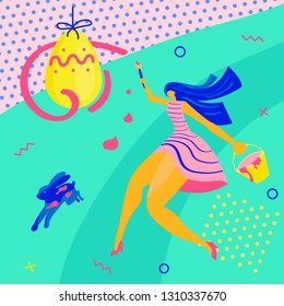 Happy Easter Horizontal greeting banner. Easter event, festival and fair flyer with beautiful girl and rabbit on a green background. Flat Art Vector illustration
