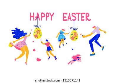 Happy Easter Horizontal greeting banner. Easter event, festival and fair flyer with happy family and rabbit on a white background. Flat Art Vector illustration