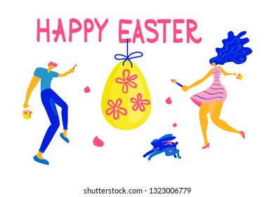 Happy Easter Horizontal greeting banner. Easter event, festival and fair flyer with families. Flat Art Vector illustration