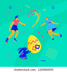Happy Easter Horizontal greeting banner. Easter event, festival and fair flyer with happy kids and rabbit on a green background. Flat Art Vector illustration