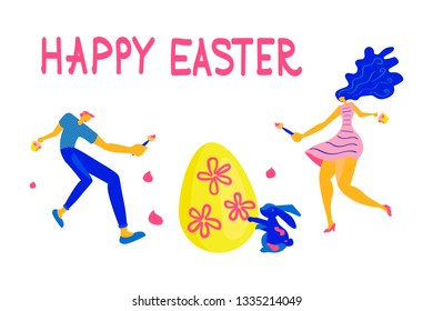 Happy Easter Horizontal greeting banner. Easter event, festival and fair flyer with happy family and rabbit on a white background. Flat Art Vector illustration