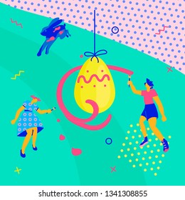 Happy Easter Horizontal greeting banner. Easter event, festival and fair flyer with happy kids and rabbit on a green background. Flat Art Vector illustration