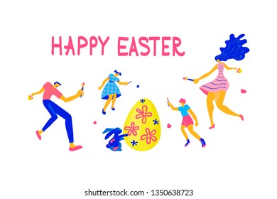 Happy Easter Horizontal greeting banner. Easter event, festival and fair flyer with happy family and rabbit on a white background. Flat Art Vector illustration