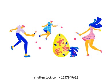 Happy Easter Horizontal greeting banner. Easter event, festival and fair flyer with families. Flat Art Vector illustration